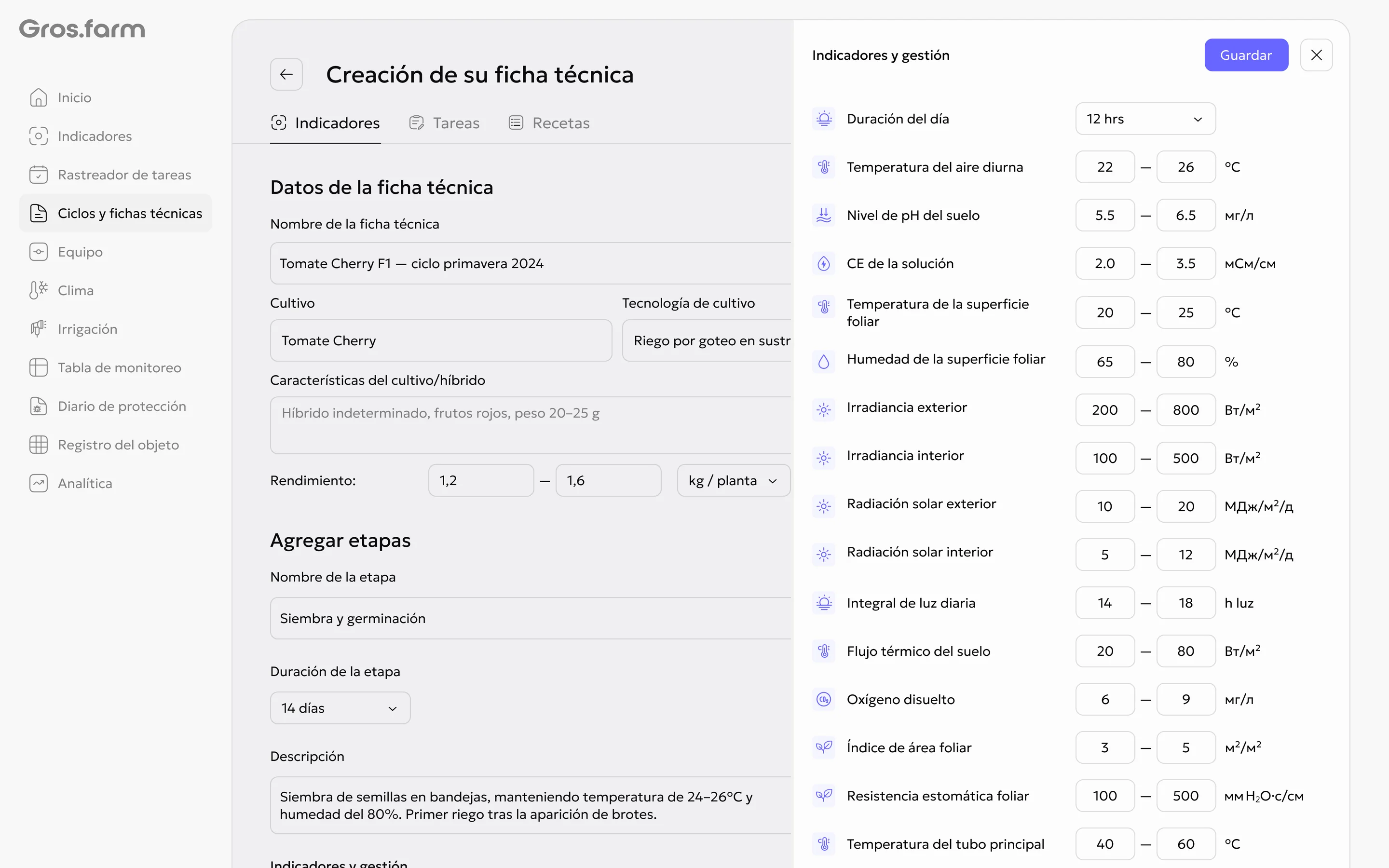 Configuración de indicadores de una etapa