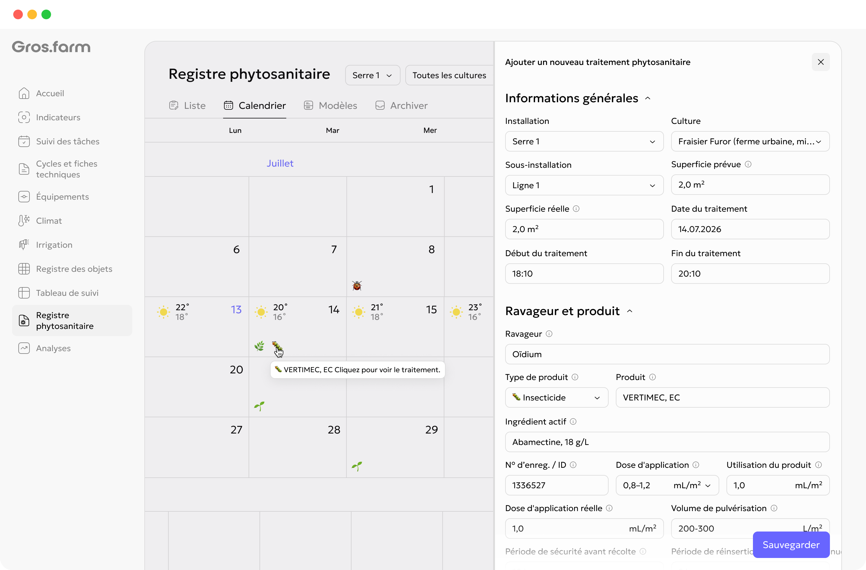 Calendrier et formulaire de traitement phytosanitaire dans Gros.farm