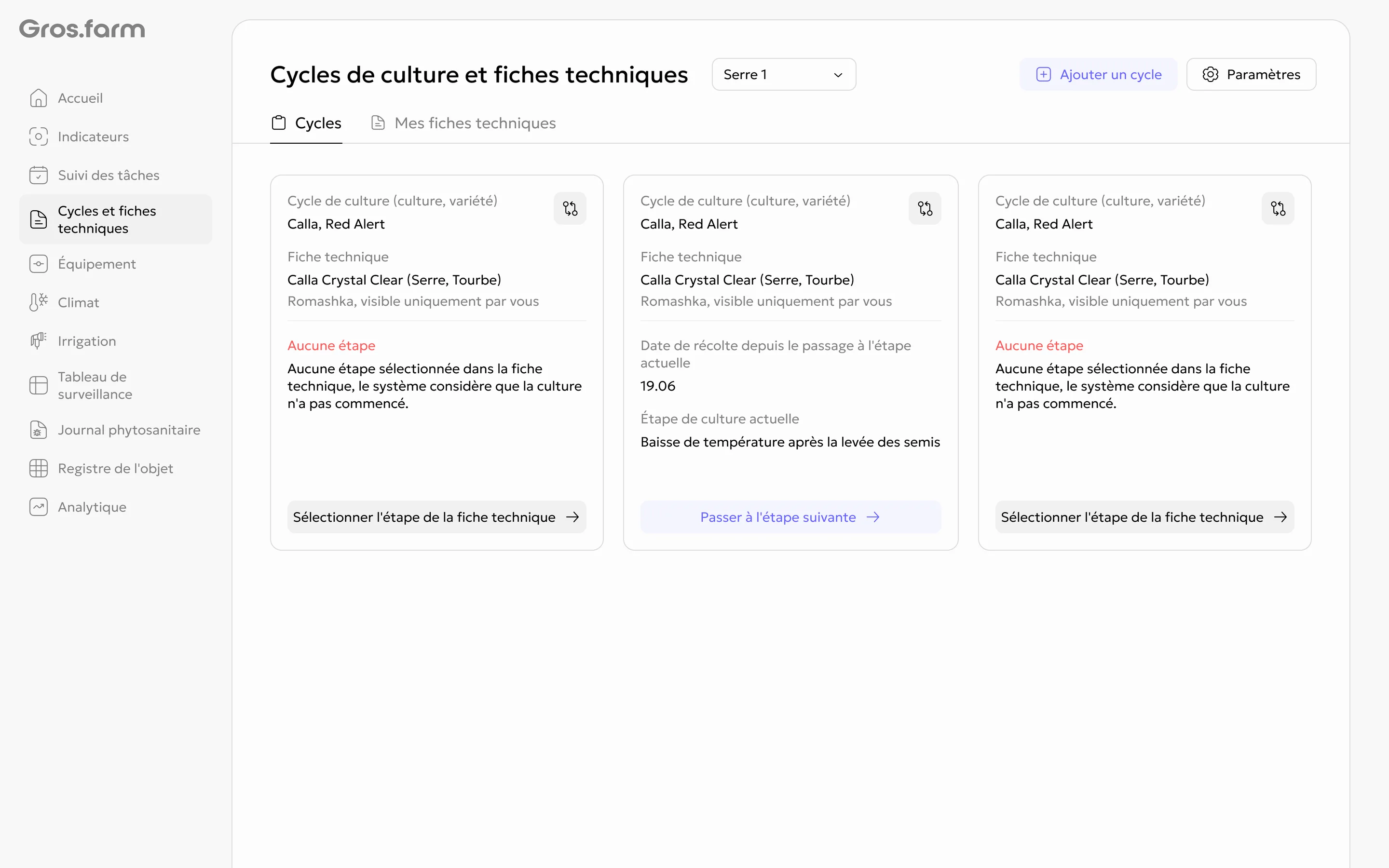 Cycles sans étape du plan sélectionnée