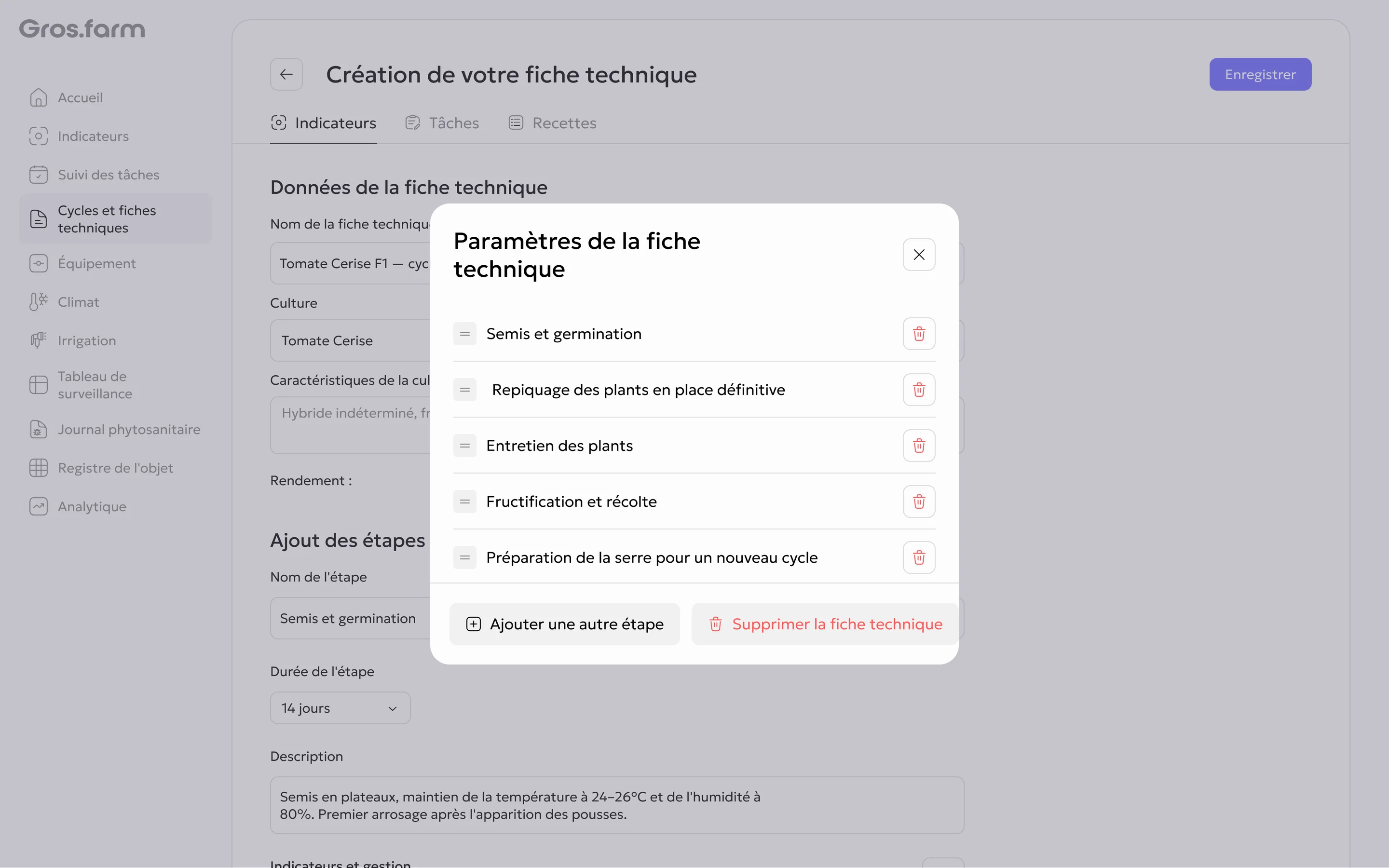 Paramètres des étapes et actions de la fiche technique