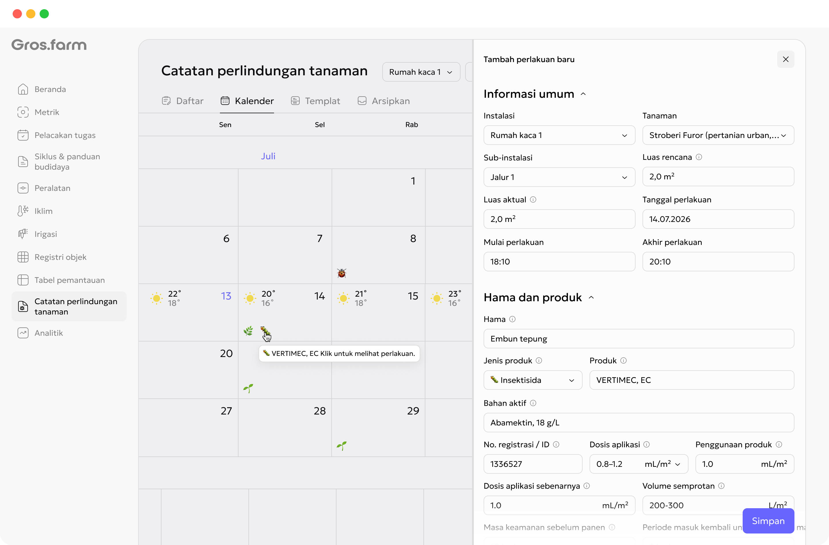Kalender dan formulir aplikasi perlindungan tanaman di Gros.farm