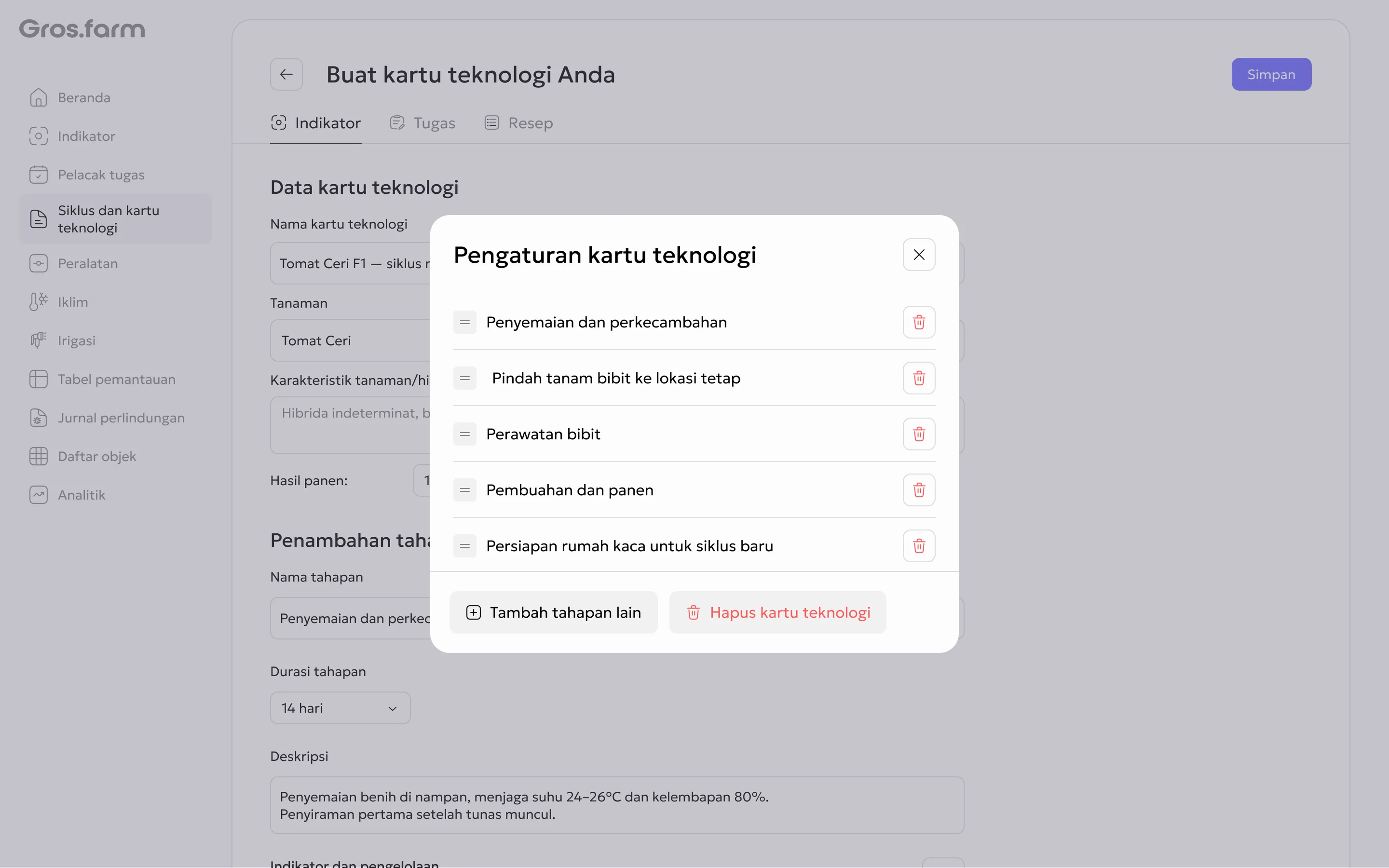 Pengaturan tahapan dan tindakan kartu teknologi