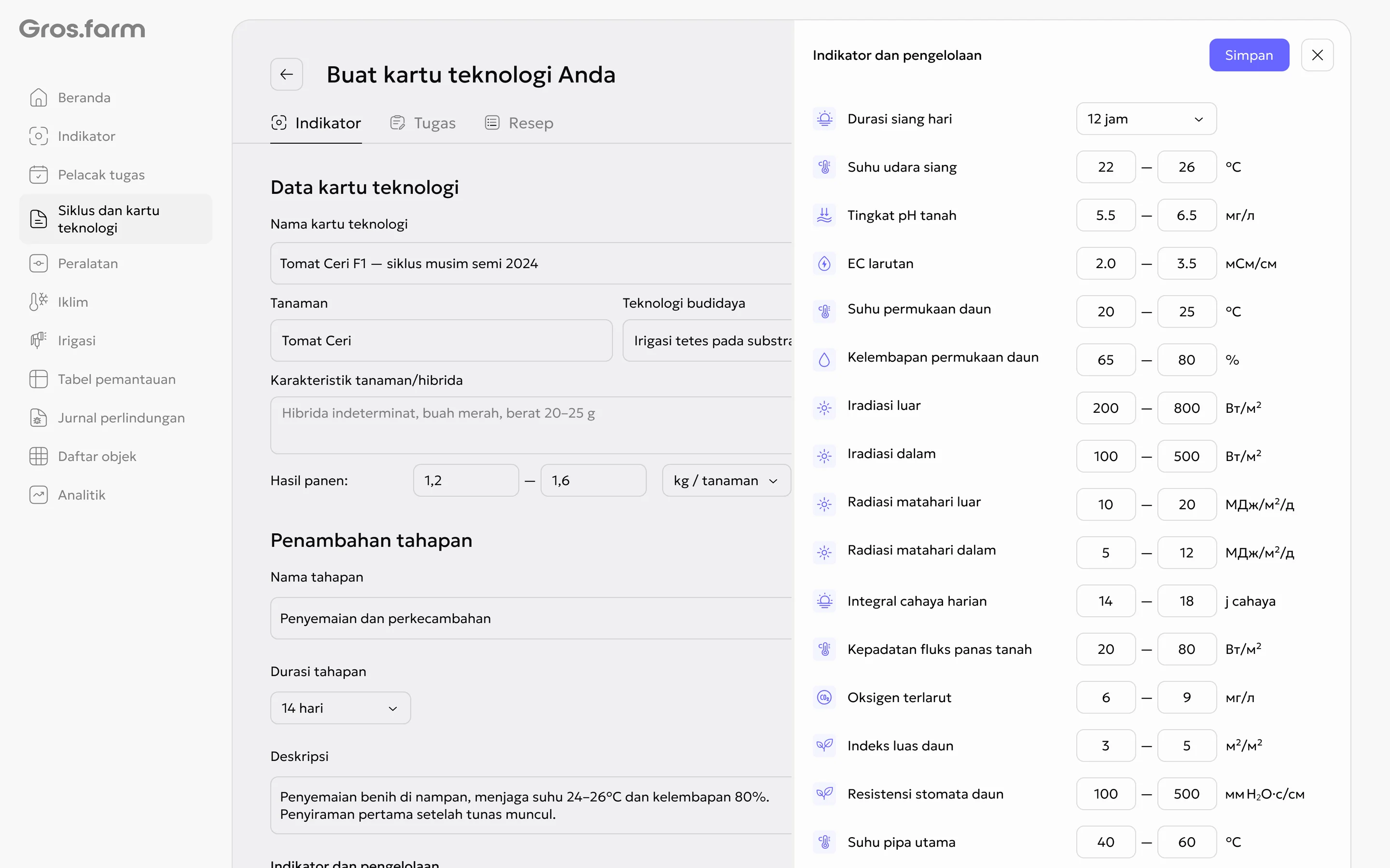 Pengaturan indikator untuk tahapan kartu teknologi