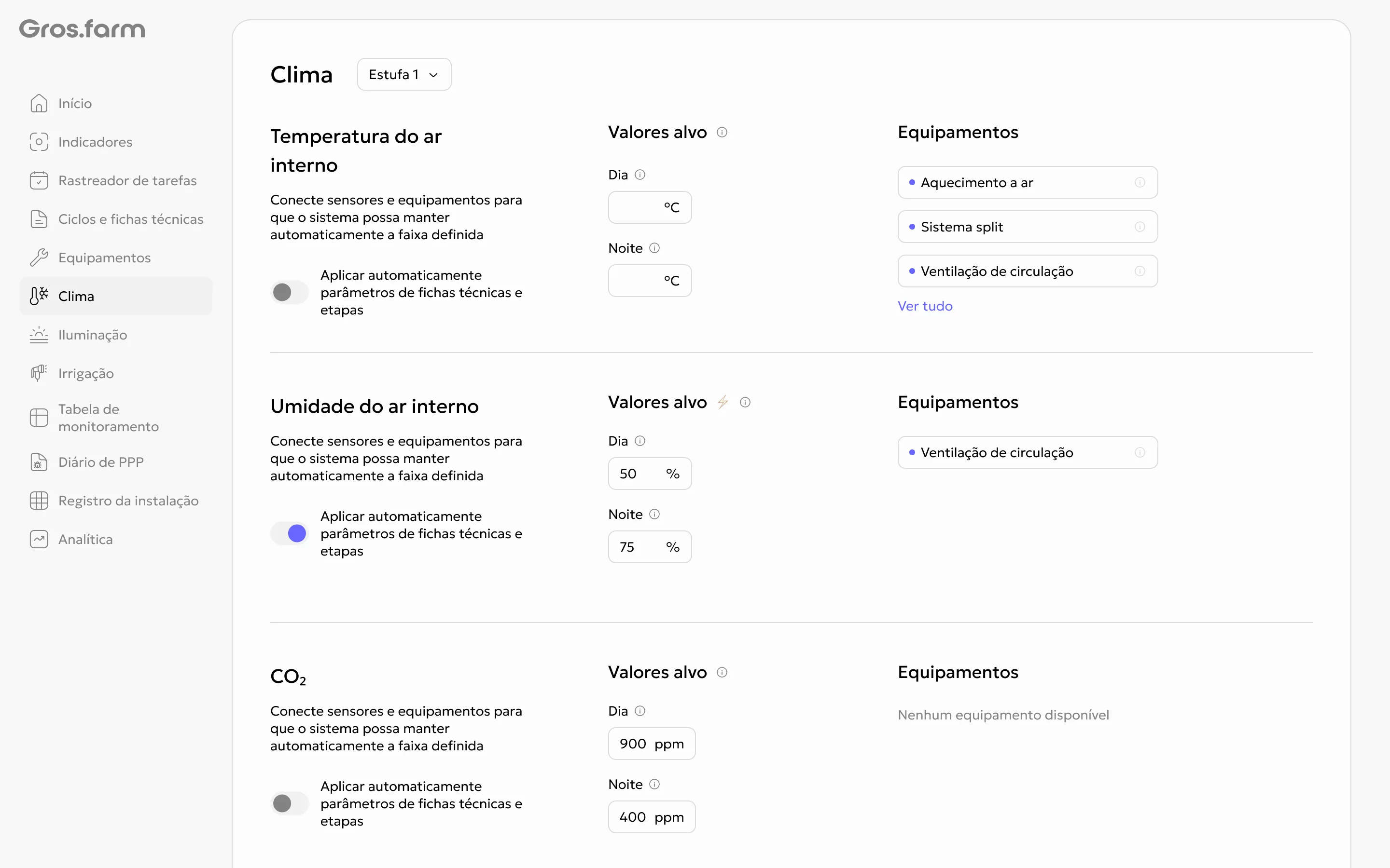 Configurações de clima com equipamentos disponíveis