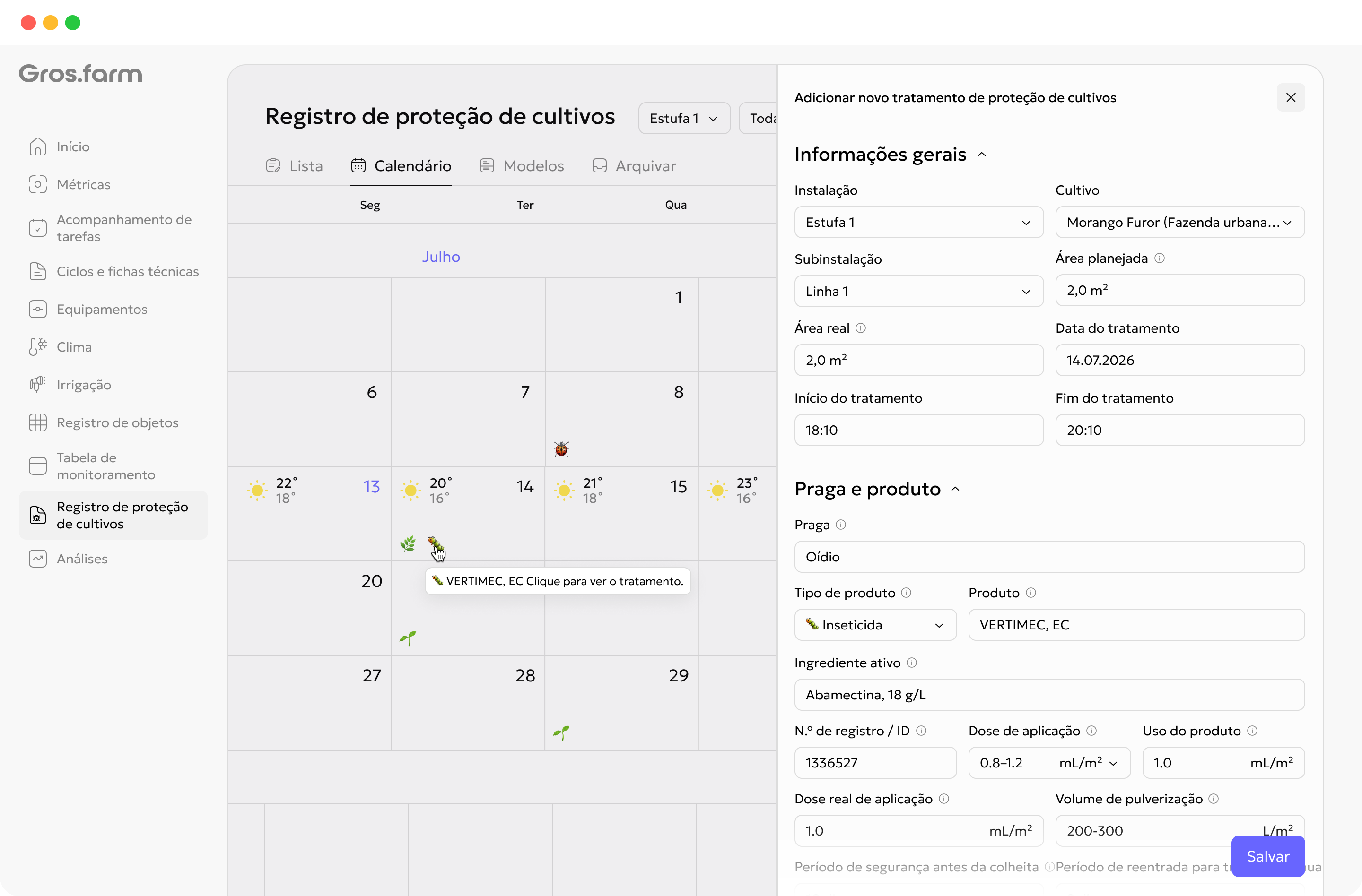 Calendário e formulário de tratamento fitossanitário na Gros.farm