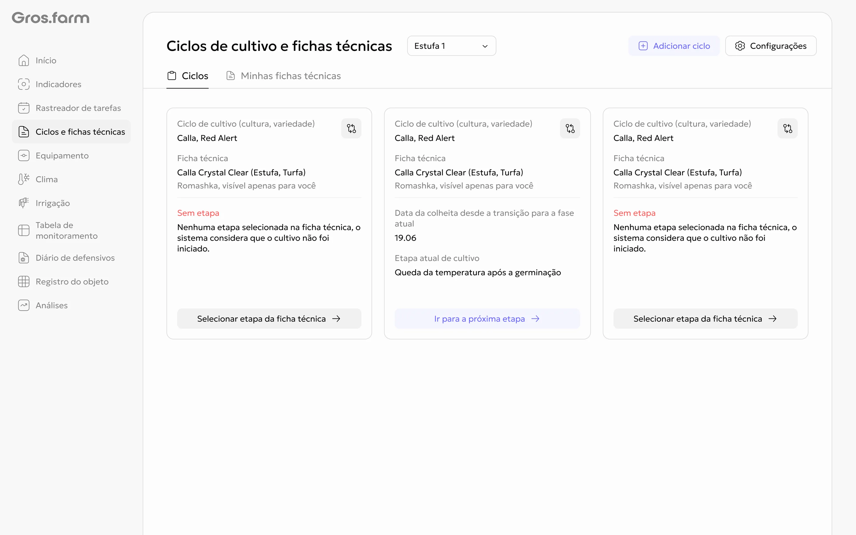 Ciclos sem uma etapa do plano selecionada