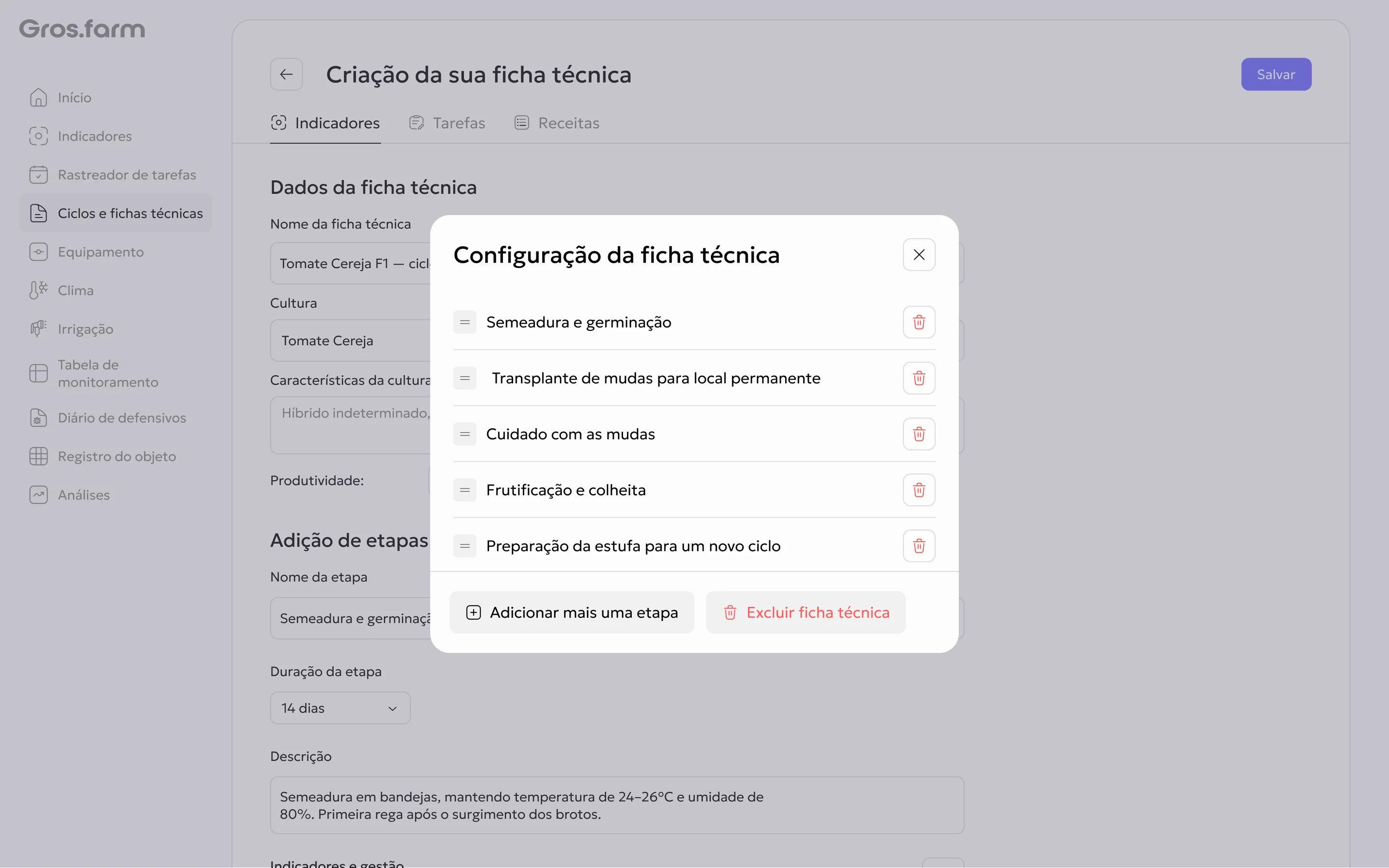 Configuração das etapas e ações da ficha técnica