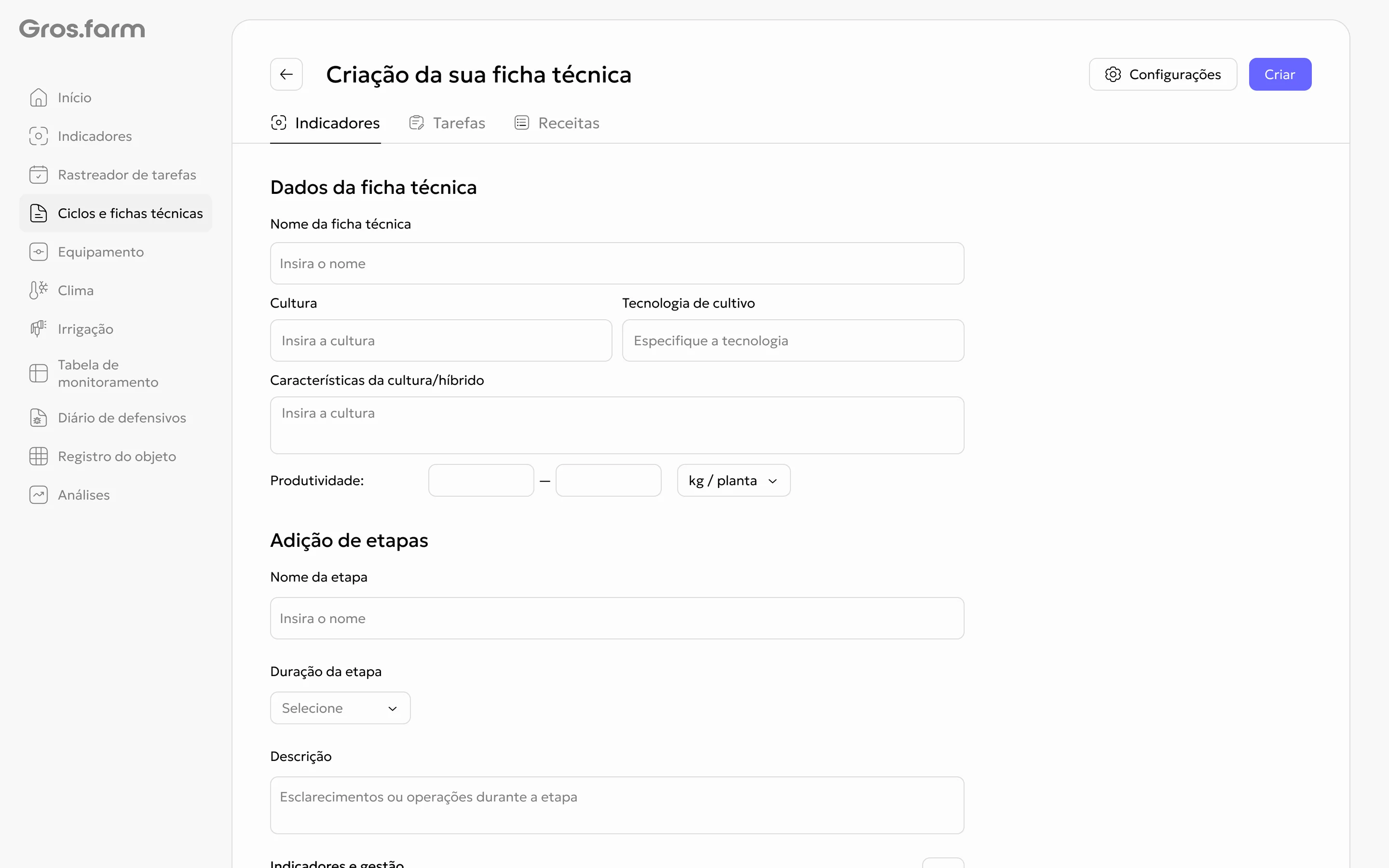 Formulário para criar sua própria ficha técnica