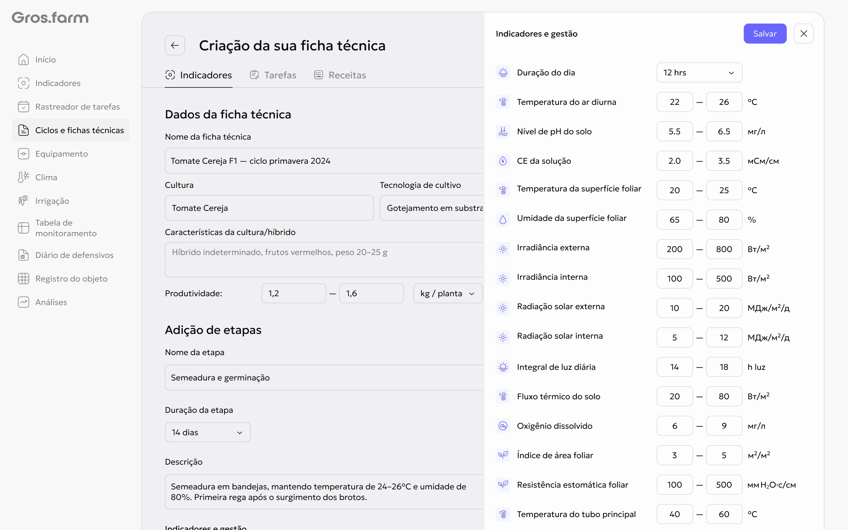 Configuração dos indicadores de uma etapa