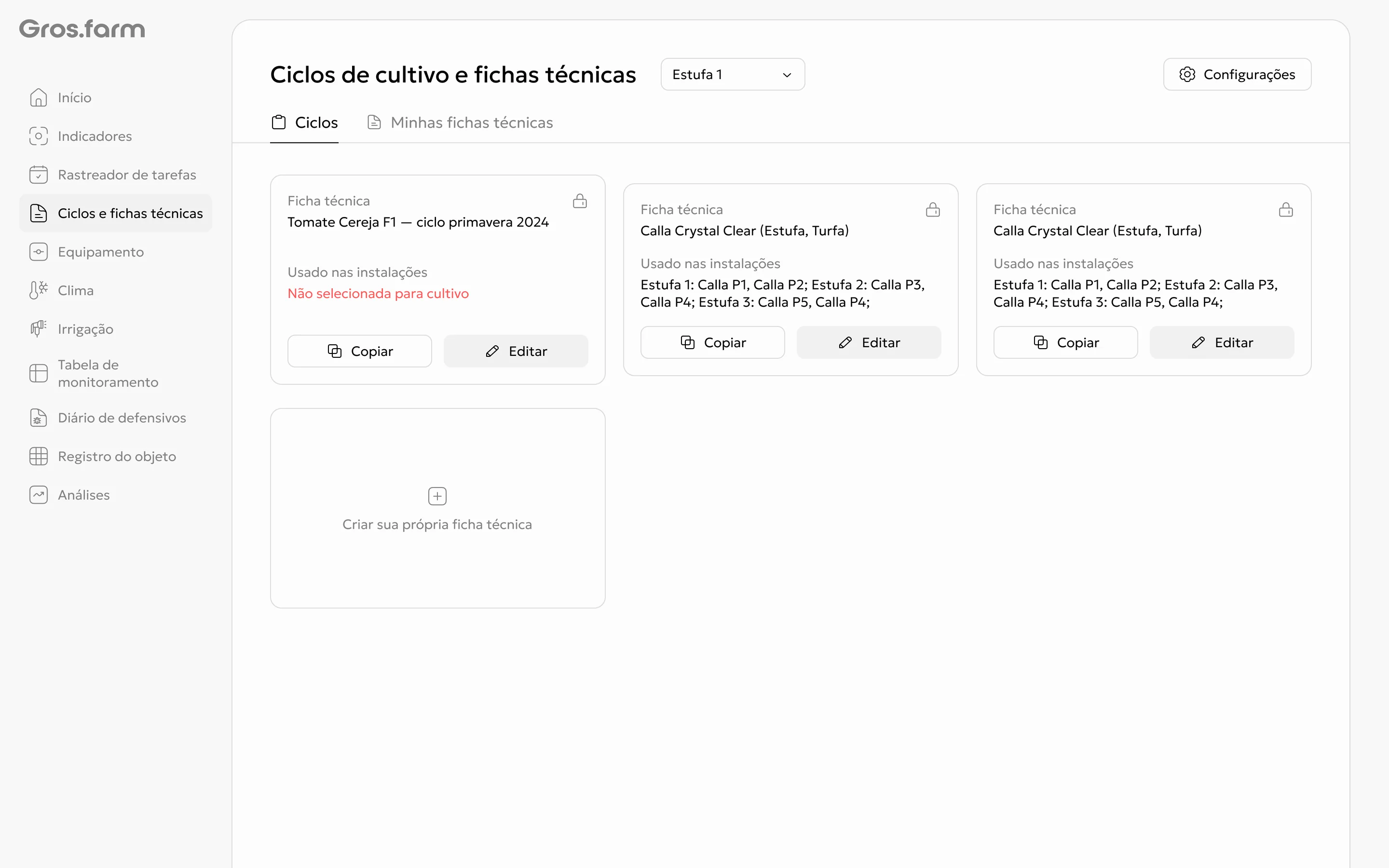 Lista de fichas técnicas próprias