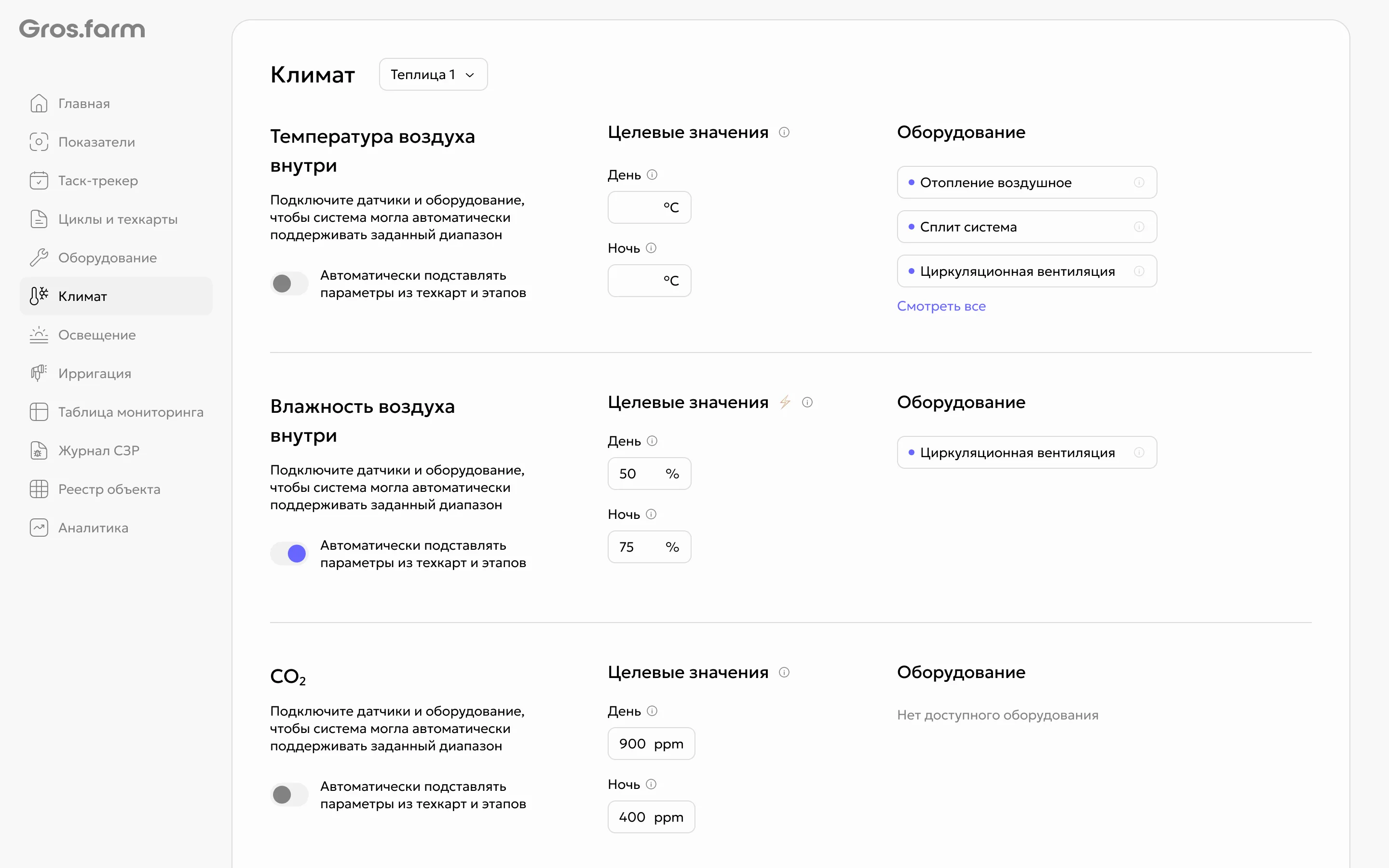 Оборудование, доступное для настройки климата